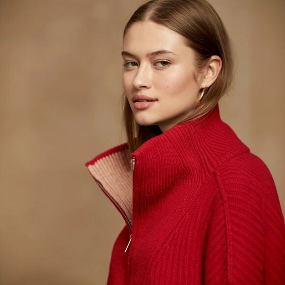 Banana Republic Oversized Half Zip Wool Blend Red Sweater Size Medium - Picture 4 of 9